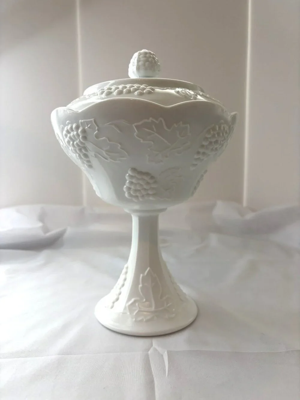 Vintage Indiana Glass Harvest Grape Milk Glass Covered Pedestal Compote